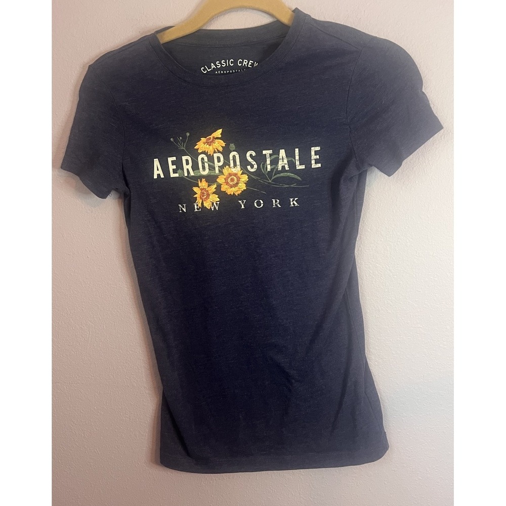 Y2K Vintage Aeropostale New York Blue Sunflower Graphic Tee T-Shirt Size XS